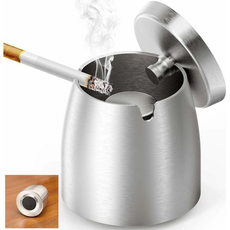 Cendrier en acier inoxydable avec couvercle, cendrier portable avec base antidérapante pour intérieur et extérieur (1/5)