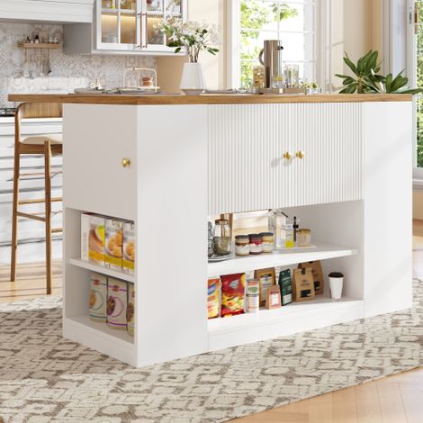 Îlot de cuisine moderne plateau rabattable rangement fermé porte cannelée étagères ouvertes finition blanche poignées métal doré multifonction salle à manger, dimensions replié 110x40x90cm déployé 140 (1/5)