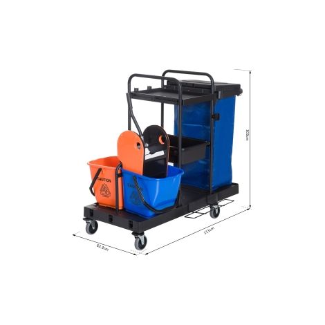 Chariot de nettoyage noir bleu et orange à 4 roulettes avec système professionnel et rangement pour bureaux hôtels et commerces (1/5)