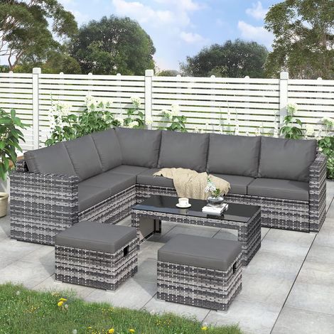 8-seater rattan corner garden sofa set for outdoor terrace with coffee table and 2 stools (1/5)