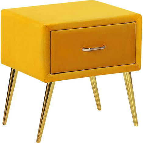 Mesa de noche de terciopelo amarillo mostaza dorado 46 x 38 cm cajón Flayat