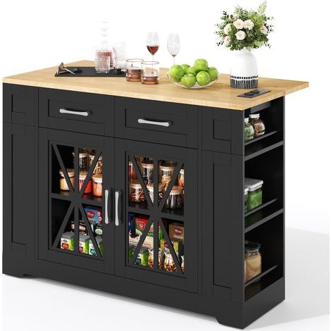 Buffet de cuisine 120x65x92 cm avec table à manger rabattable et porte vitrée, Îlot de cuisine avec prise secteur, port USB, Noir