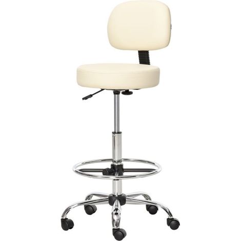 Tabouret de bar beige, simili cuir et métal. Réglable en hauteur, pivotant à 360°, avec dossier et repose-pieds. Idéal pour cuisine ou salon (1/5)