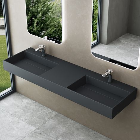 doporro® lavabo doble de diseño 120x48x13cm desagüe oculto Colossum12 en antracita mate de mármol fundido apto como lavabo sobre encimera y lavabo suspendido