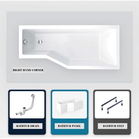 Asymmetrische Badewanne - 150 x 75 cm - Links - mit Verkleidung - mit Füßen - Ablaufgarnitur Chrom - INTEGRA