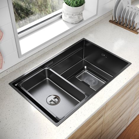 SONNI 304 SUS Edelstahl Küchenspüle mit 1 Becken, Einbecken Unterbauspüle mit Abtropfkorb Rechteckigem Abfallsieb Schmale Seite, Schwarz, 70×44cm