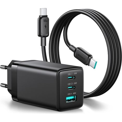 Caricabatterie da parete GaN da 65 W con connettore USB-A e USB-C e cavo USB-C da 1,2 m (100 W) - Nero (1/4)