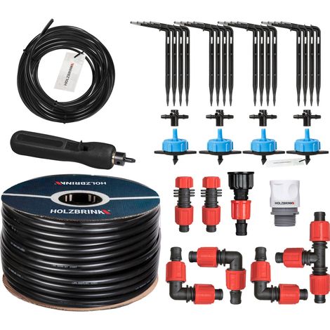 HOLZBRINK Kit de démarrage pour l’irrigation en serre, système d’arrosage goutte à goutte : 30 m Tuyau LDPE 16 mm, 4x Goutteur 8l/h, HTB-10-B-30