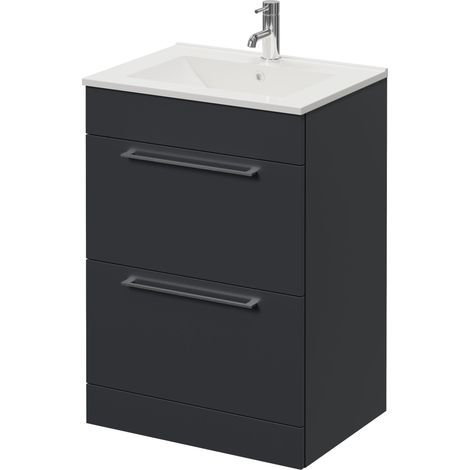 Napoli 460 Gloss Grey 600mm 2 Drawer Vanity Unit with Angel Basin - 600mm - Chrome 320mm Handle
