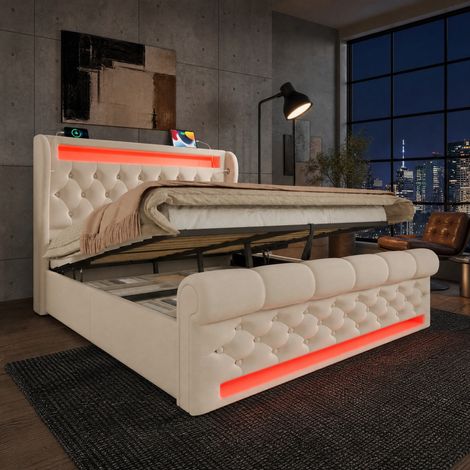CHICFURN Letto matrimoniale 140x200 cm in velluto beige con LED e contenitore, senza materasso (1/5)