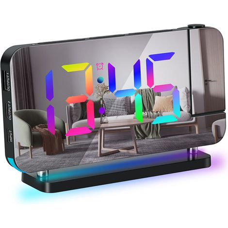 Projection Alarm Clock for Bedroom, 7-inch RGB Colorful LED Digital Clock with Mirror Surface, 6-Level Brightness Dimmer, USB Charger, Snooze Function, 12/24H, 11 Project Colors (1/5)