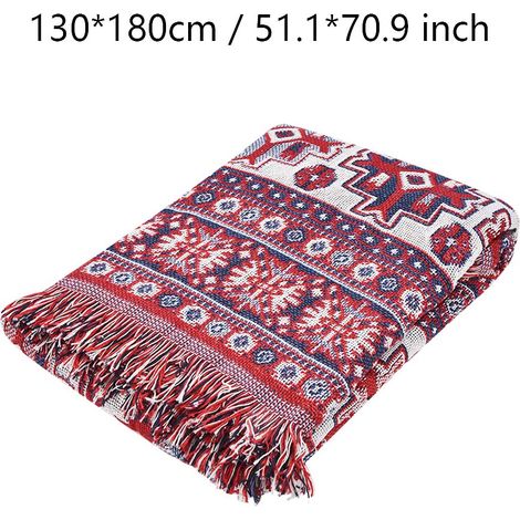 Plaid/tapis/couverture double face en coton tissé avec pompons décoratifs pour canapé/lit (2) (1/5)