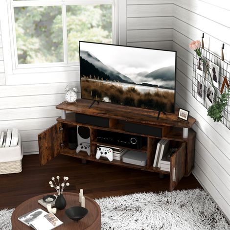 Meuble TV pour téléviseur jusqu'à 55 avec grand plateau, placards à portes et compartiment ouvert, marron (1/5)