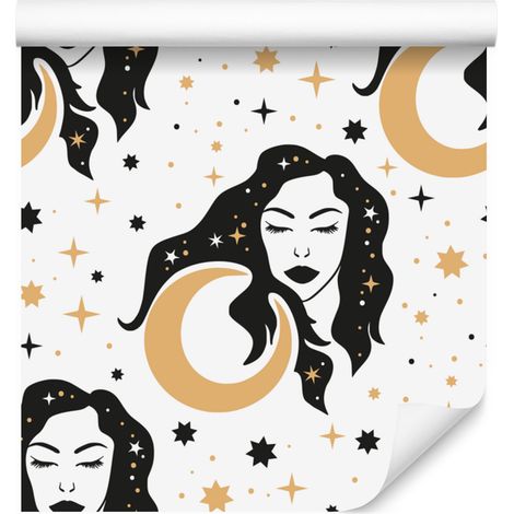 Carta da parati con tema Donne e Astrologia, bianca e grafite, per soggiorno e camera da letto, 50x1000 cm. (1/5)