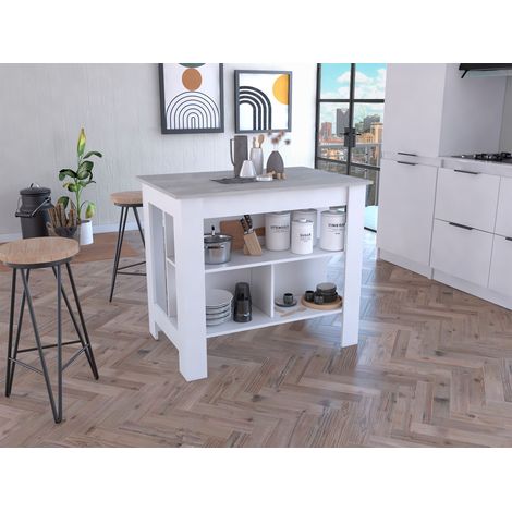 Tuhome Concept – Îlot de cuisine Cala – 3 étagères de rangement – Largeur 103 cm, profondeur 70 cm – Panneaux de particules mélaminés – Couleur blanc/Ibiza (1/5)