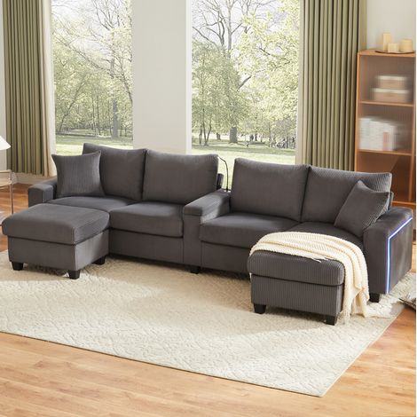 CHICFURN Sofá esquinero en U 334x128,5x81 cm de pana gris, 2 pufs, LED, USB (1/5)