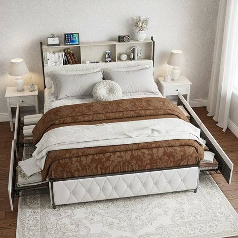 Lit 140x200 avec 4 tiroirs, lit double capitonné, charge USB/Type-C et éclairage LED, rangement, sommier à lattes, Beige (1/5)