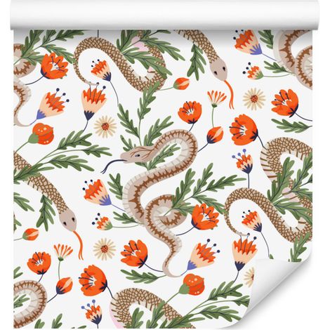 Carta da parati con animali del bosco, bianca e beige, per soggiorno e camera da letto, 50x1000 cm. (1/5)