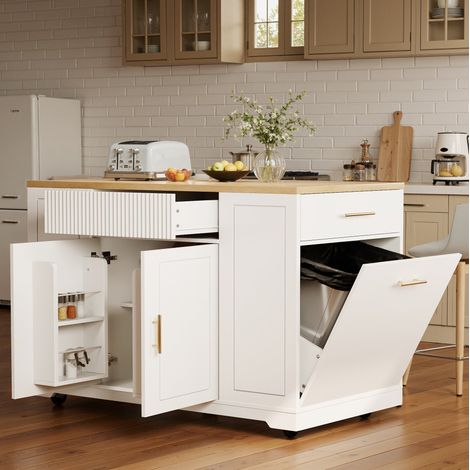 MEUBLIV îlot de cuisine 120x50x92 cm blanc avec roulettes, 3 tiroirs, sans poubelle (1/5)