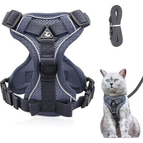 Pettorina regolabile anti-rottura per gatti con guinzaglio - Pettorina morbida per gatti - Pettorina pettorale per gatti - Cucciolo - Grigio XL (1/4)