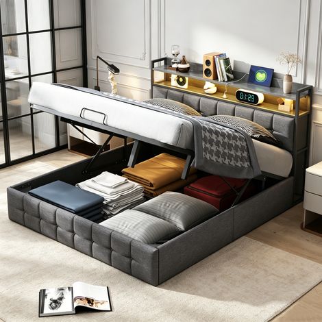 Lit Coffre 140×200 cm, lit double avec éclairage LED et Prise, Lit Double Rembourré avec Rangement hydraulique – Cuir noir et toile de jute grise (1/5)