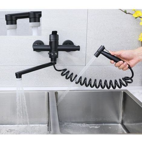 Wandmontierter Küchenhahn mit abnehmbarem Sprühkopf, 360°-Drehung, flexibler Schlauch (23 cm), separate Heiß-/Kaltwassersteuerung, 4 Strahlarten, aus schwarzen Edelstahl 304 (1/5)