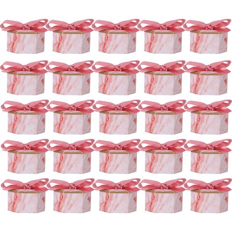25 sechseckige Schachteln für Süßigkeiten, Pralinen, Kekse, Gastgeschenke für Hochzeiten, Partys, rosa Schleife (1/5)