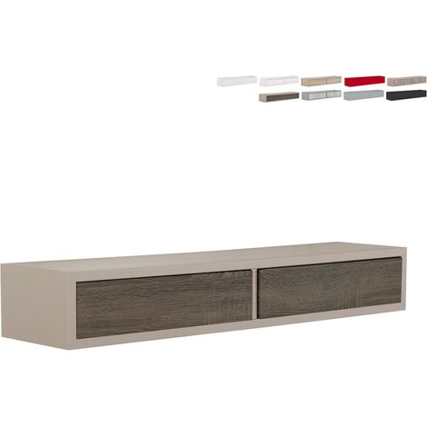 Étagère murale avec tiroir – Finition laquée taupe et noyer – Dimensions 88,2 x 13,4 x 20 cm – Fixation invisible – Charge maximale 10 kg – Domino (1/5)