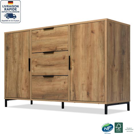 Modfu – Commode 120x40x76 cm avec 3 tiroirs et 2 portes – Étagères réglables – Aggloméré chêne foncé – Design industriel moderne (1/5)