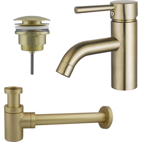 Fortifura Calvi Kit mitigeur lavabo - robinet bas - bonde clic clac - siphon design bas - PVD Laiton brossé