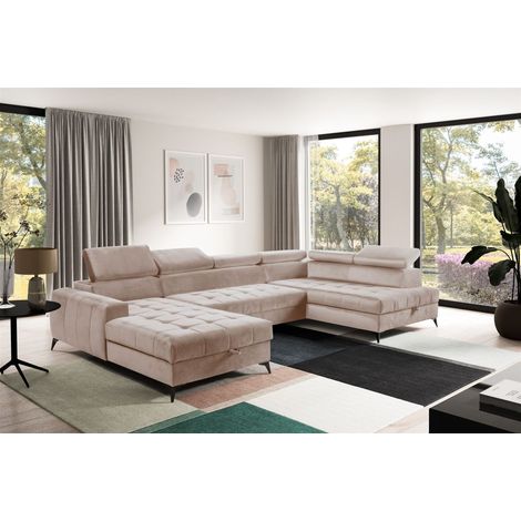 Wohnlandschaft Schlafsofa AGNESA Stoff Salvador Hellbeige Ottomane Links (1/5)