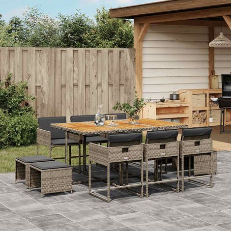 Set de comedor de jardín 11 pzas y cojines ratán sintético gris vidaXL