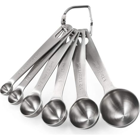 Cuillères à Mesurer 6 Pièces:Lot de Cuillere Mesure Doseuse Cuisine en Acier Inoxydable 18/8 (1/8 tsp, 1/4 tsp, 1/2 tsp, 1 tsp, 1/2 tbsp & 1 tbsp) pour Ingrédients Secs et Liquides (1/4)