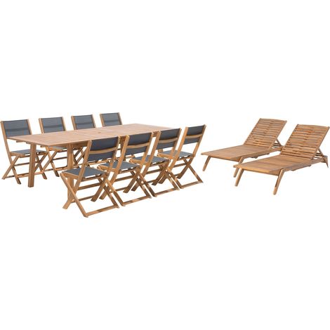 Set da Giardino Tavolo Rettangolare Legno Acacia Chiaro 8 Sedie 2 Lettini Cesana