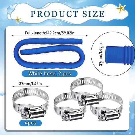 Set di 2 tubi per piscina, tubi da 32 mm, tubi per aspiratore per piscina, 4 clip di fissaggio, 149,93,2 cm, piscine fuori terra e pulizia piscine, varie pompe dell'acqua (blu) (1/4)