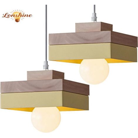 LONSHINE 2er-Set Moderne quadratische Pendelleuchte mit gelbem Holz- und Metallschirm, E27-Glühbirne, Kronleuchter für Schlafzimmer oder Wohnzimmer (1/5)