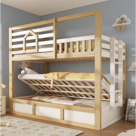 Lit superposé style cabane en bois blanc/chêne 90x200 cm avec fenêtres, garde-corps de sécurité et rangement hydraulique