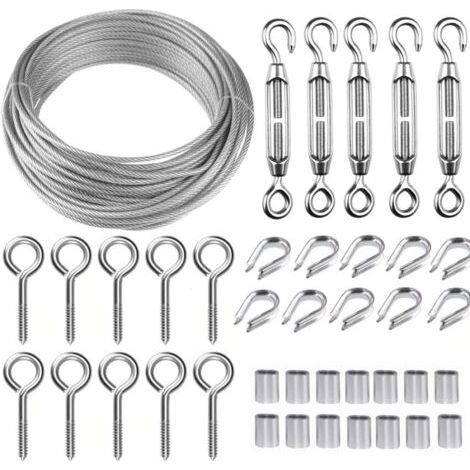 Corde en Acier Inoxydable à Suspendre Kit,30M/2mm Câble en Acier Inoxydable Revêtu avec M5 Tendeurs,Kit Cable Métallique 2mm pour Plantes Grimpante,Corde a linge,Rambarde,Cable de Garde Corps (1/5)