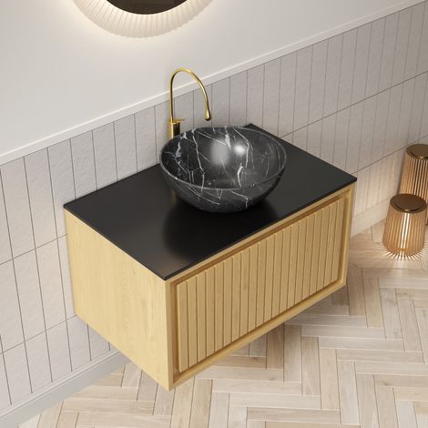 Mueble de baño suspendido 76 cm con lavabo cerámico negro y encimera de piedra (1/5)