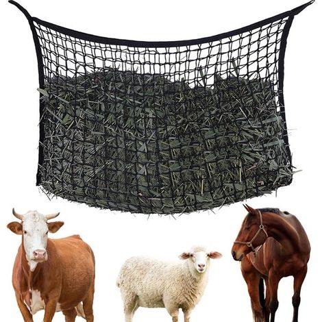 Filet à foin pour chevaux 160 x 100 cm, slow feeder renforcé pour alimentation lente, sac à foin suspendu pour écurie et chevaux, noir (1/5)
