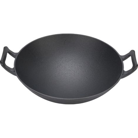 Wok multifonctionnel en fonte épaisse, Double oreille, fond rond, marmite à frire pour cuisinière à gaz, cuisinière à Induction à feu ouvert 32cm (1/5)