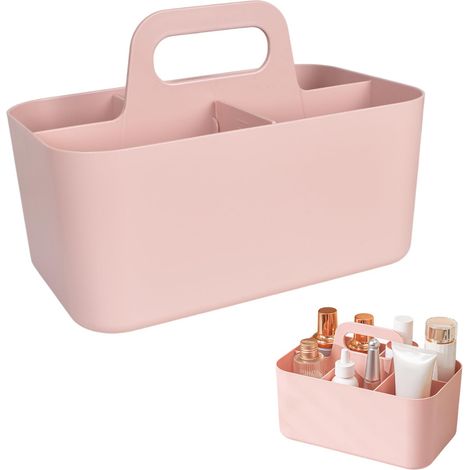 Panier Rangement-Plastique avec Poignées, avec 10 Autocollants, Organisateur Empilable avec 5 Compartiments, Boîte de Rangement Rectangulaire pour Cuisine, Bain et Chambre (24 × 15 × 11 cm, Rose) (1/4)