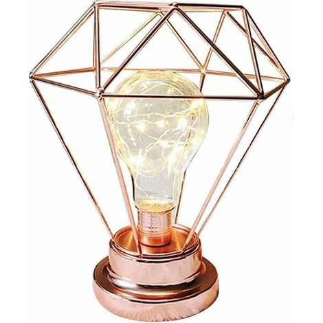 Bedside Lamp Decorative Night Lamp, Diamond Shape Retro Metal Table Lamp Battery Operated Desk Lamp for Bedroom, Living Room, Bar, Hotel, Cafe (Rose Gold) (1/5)