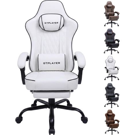 Chaise Gaming Ergonomique, Synchrone, Accoudoirs Réglables, Coussins Lombaire/Tête, Siège Épais Tissu - Blanc