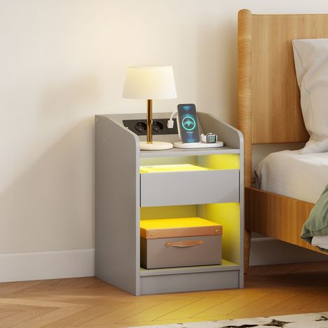 Mesita de Noche con Estación de Carga Luz LED RGB Cajón Estante Abierto Puertos USB y Control Remoto 40x40x58 Cm Gris (1/5)