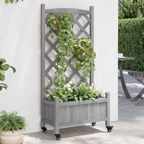 Jardinière avec treillis et roues gris bois massif de sapin (1/5)