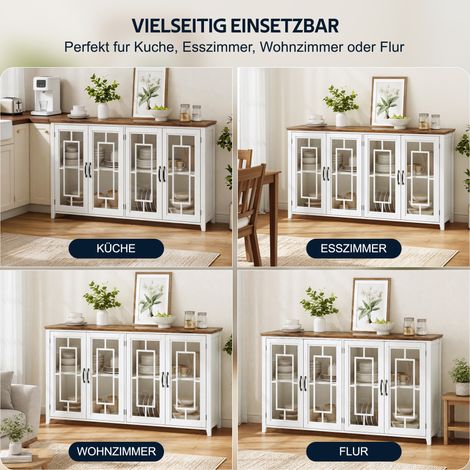 Buffet de cuisine 160 cm avec portes vitrées, grand rangement, plan de travail effet bois et stabilisateur anti-bascule. Meuble moderne pour cuisine, salle à manger et salon. (1/5)