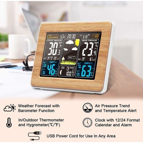 Drahtlose Wetterstation für den Innen- und Außenbereich mit Thermometer, Barometer, digitalem Hygrometer, Uhr, Farbdisplay und einstellbarer Hintergrundbeleuchtung (1/5)