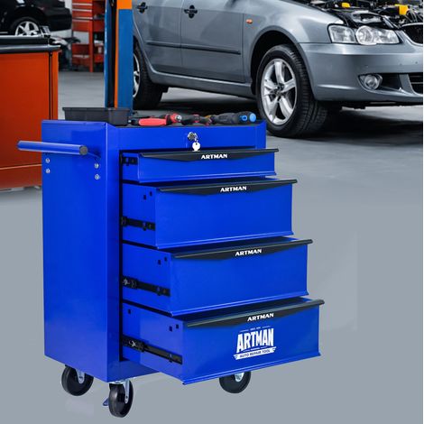 Metall-Werkstattwagen mit 4 Schubladen und Rollen, 52,5 x 33 x 77,5 cm, blauer Stahl (1/5)