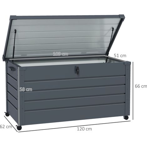 Coffre de rangement extérieur 311 L, avec serrure et 2 poignées, en acier galvanisé, 120 x 62 x 66 cm, gris foncé (1/5)